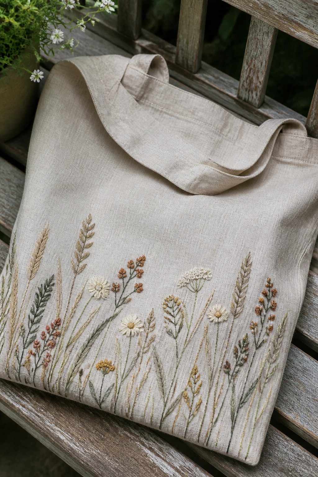 A linen tote bag with embroidered wildflowers and grasses in neutral colors on a wooden bench.