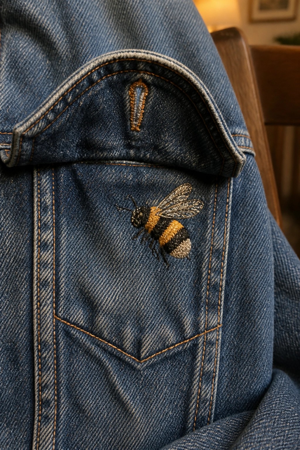 Blue denim jacket pocket with detailed embroidered black-and-yellow bumblebee.