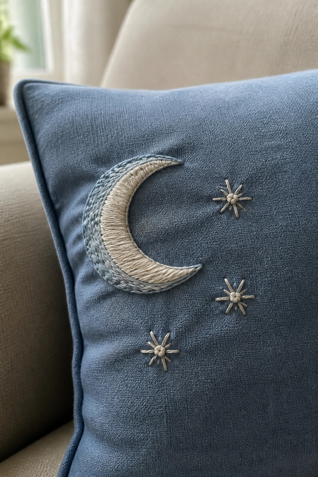 Blue pillow with embroidered crescent moon and three beige stars.