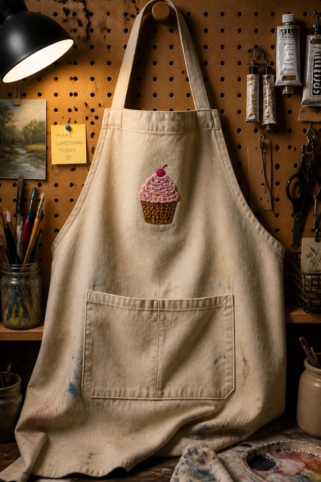 Beige apron with embroidered cupcake hanging on pegboard amid art supplies and paints