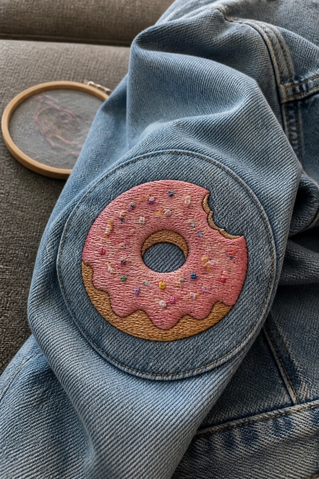 Pink frosted donut embroidery with sprinkles on blue denim jeans knee