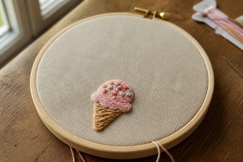 An embroidery hoop with a pink ice cream cone design stitched onto light fabric.