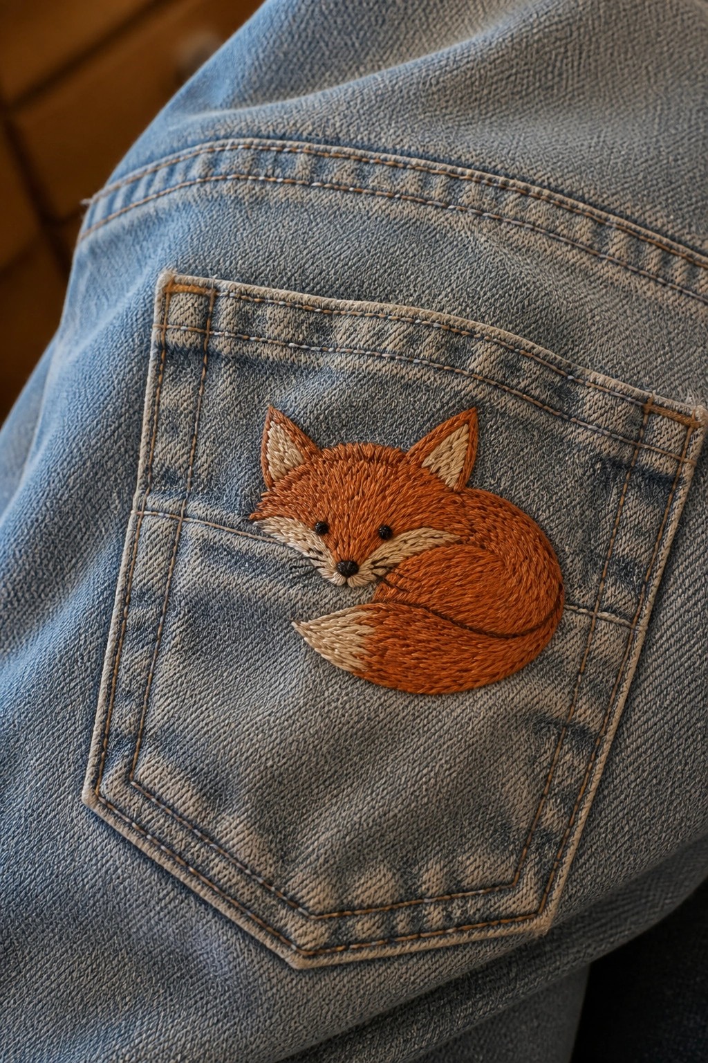 A curled fox embroidered on the back pocket of light blue denim jeans.