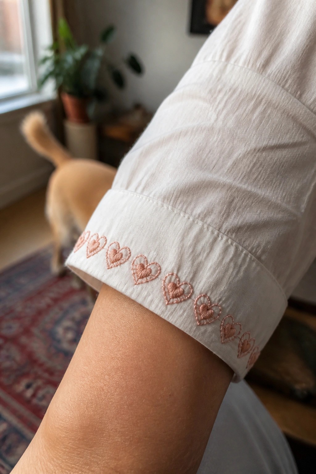 White shirt cuff with pink embroidered hearts on a person's arm.