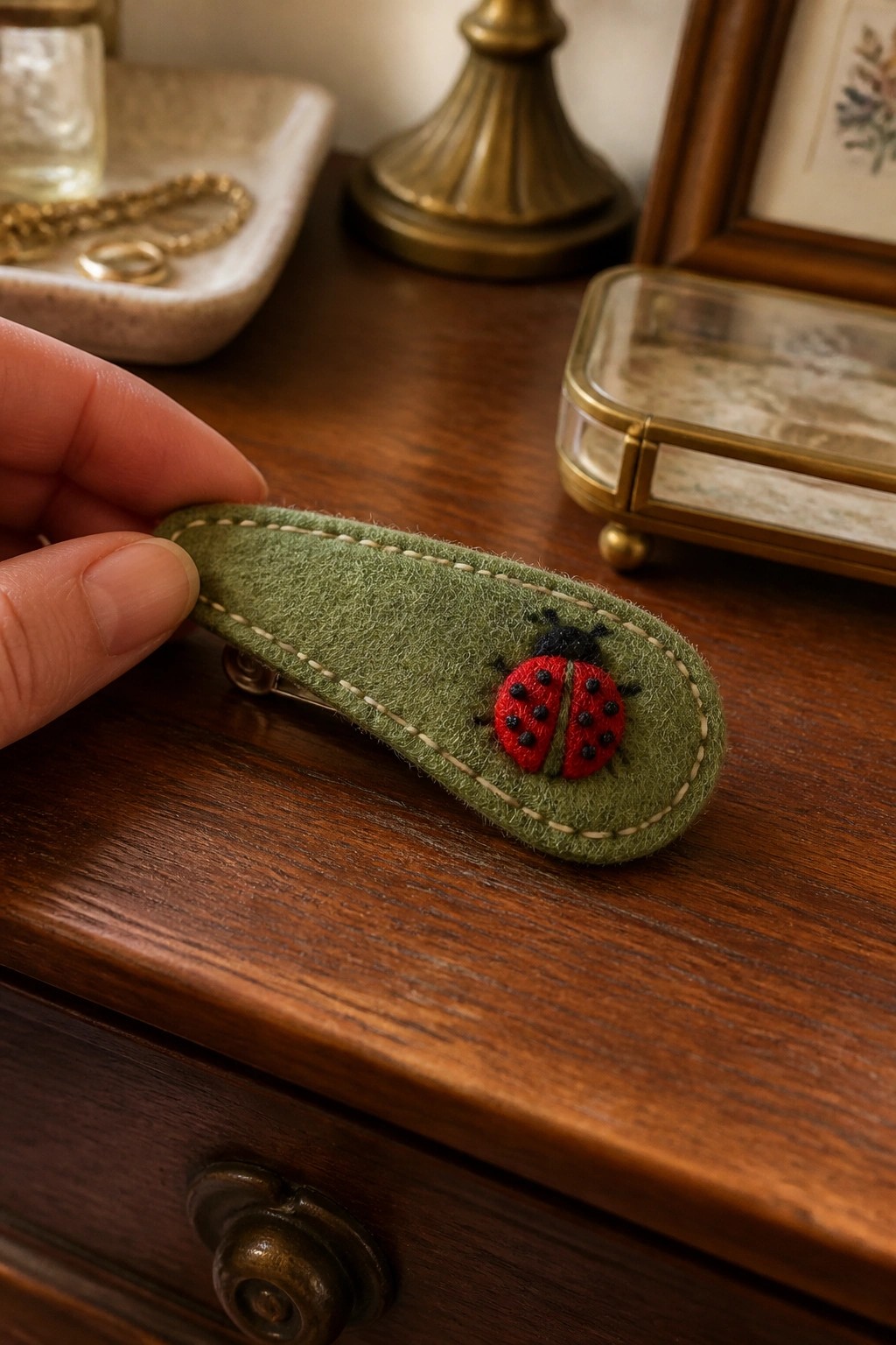 Hand holding green felt hair clip with embroidered red ladybug on wooden table