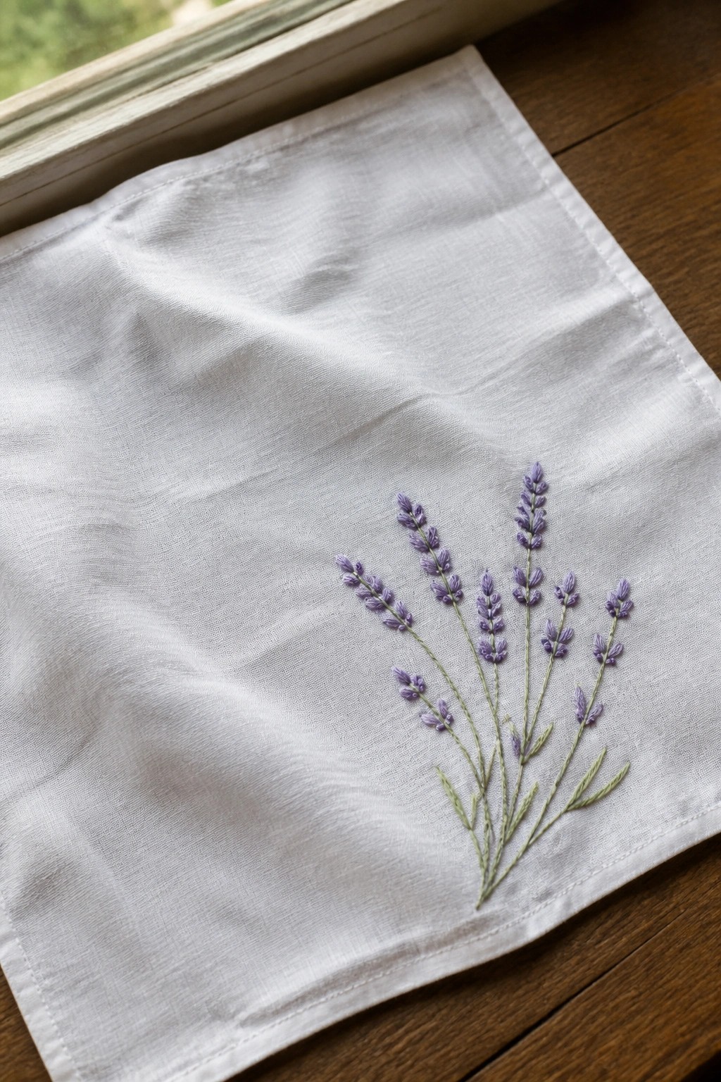 White linen napkin with purple lavender flowers and green stems embroidered in the lower right corner on a wooden table.