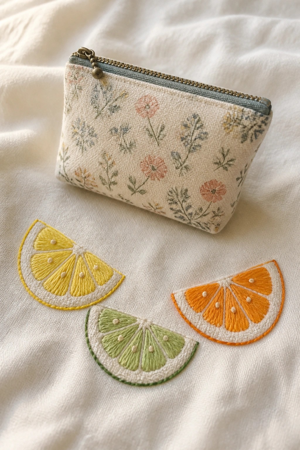 Beige zippered pouch with cute yellow lemon embroidery on floral fabric