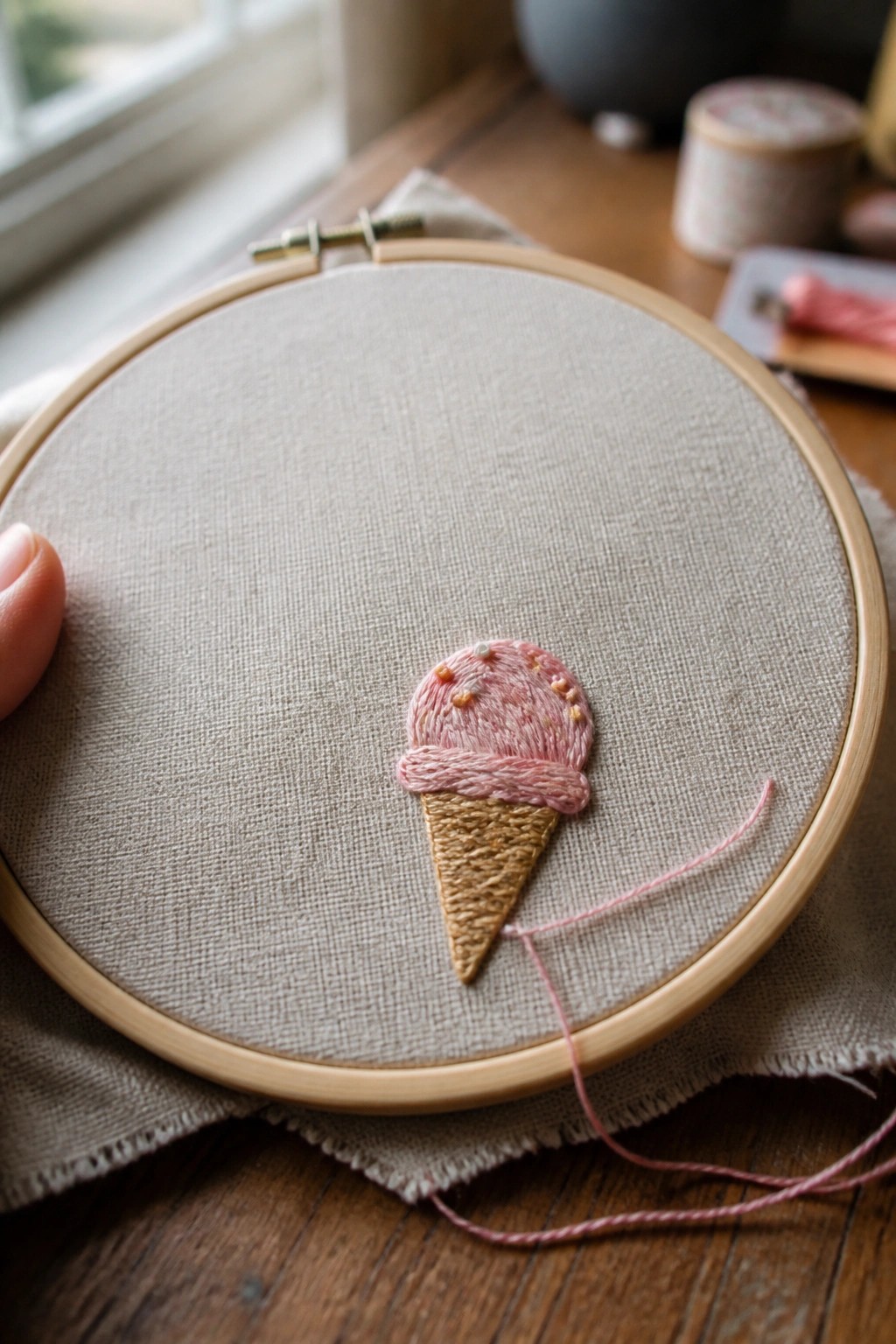 An embroidery hoop with a pink ice cream cone design stitched onto light fabric.