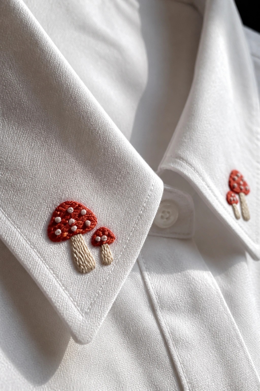 Red mushrooms with white spots and beige stems embroidered on the cuff and collar of a white shirt.