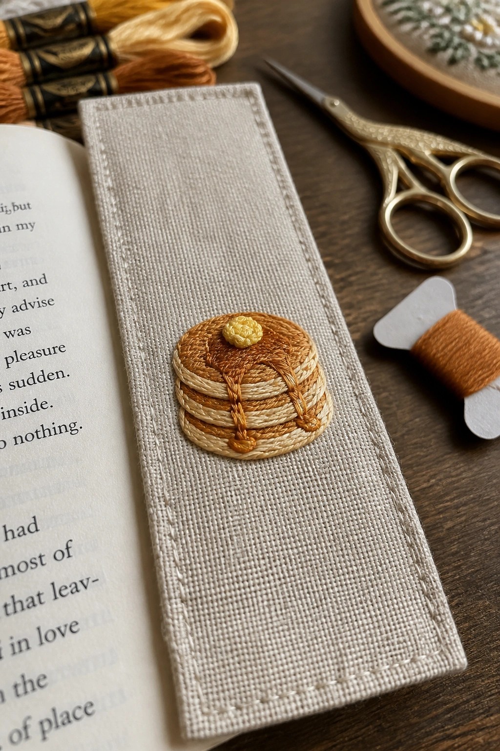 Embroidered pancake stack on linen bookmark atop open book with scissors and threads