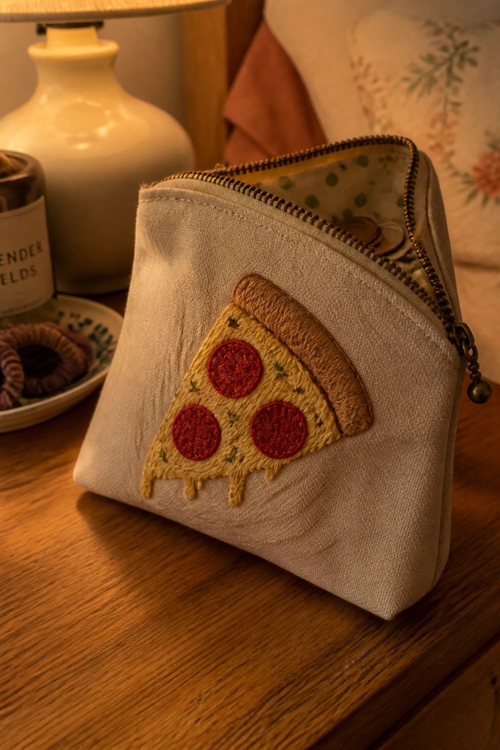 Beige zippered pouch with an embroidered pizza slice on the front sitting on a wooden table.