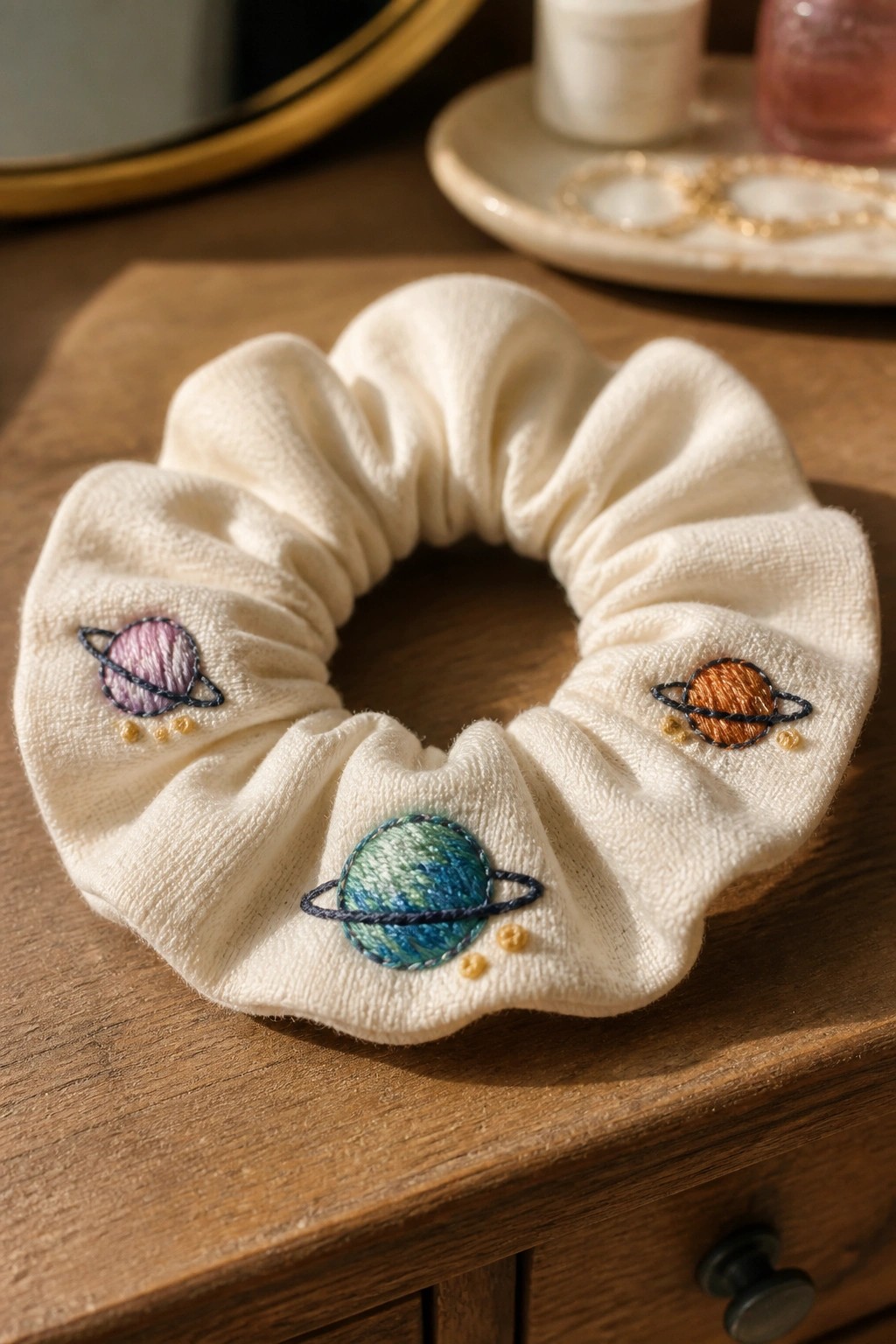 A white scrunchie with three embroidered planets in different colors rests on a wooden surface.