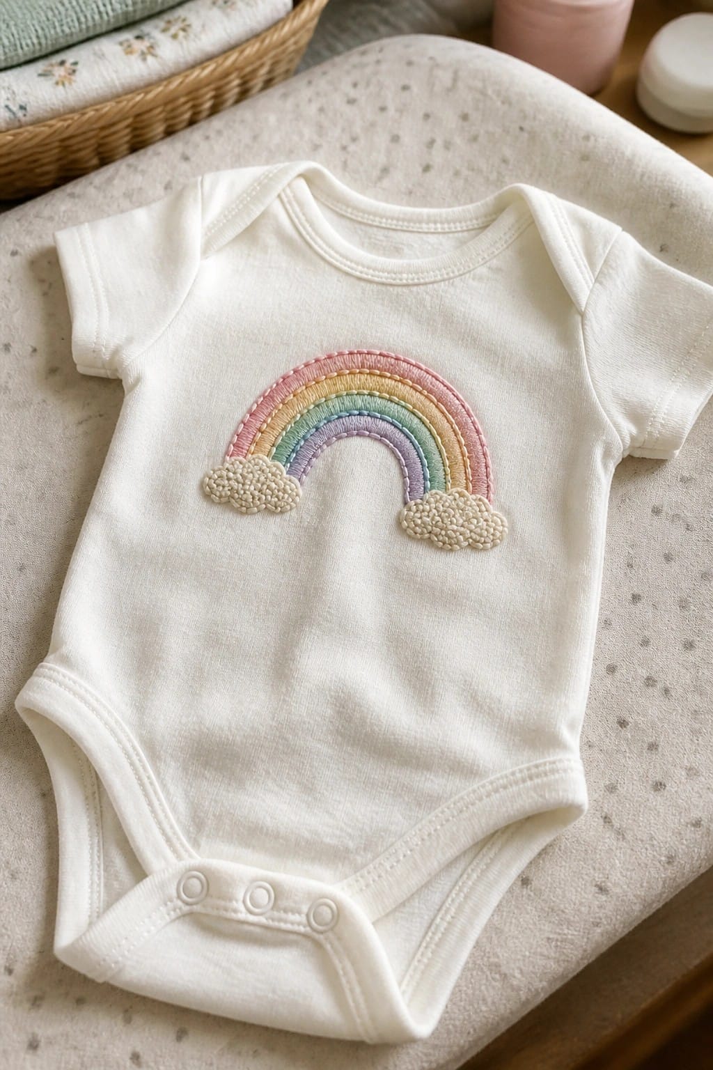 White baby onesie with pastel embroidered rainbow and clouds on soft fabric.