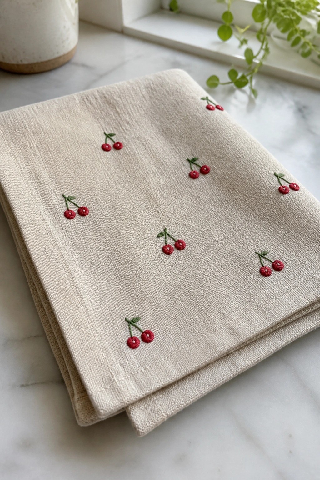 Folded beige linen napkin with red cherry embroidery on marble countertop