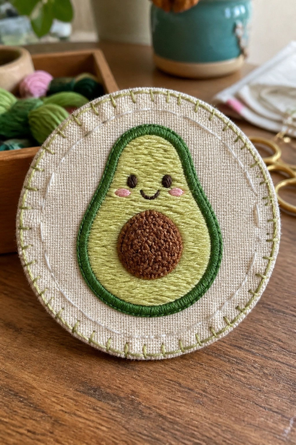 Round embroidered avocado with cute face on beige fabric circle
