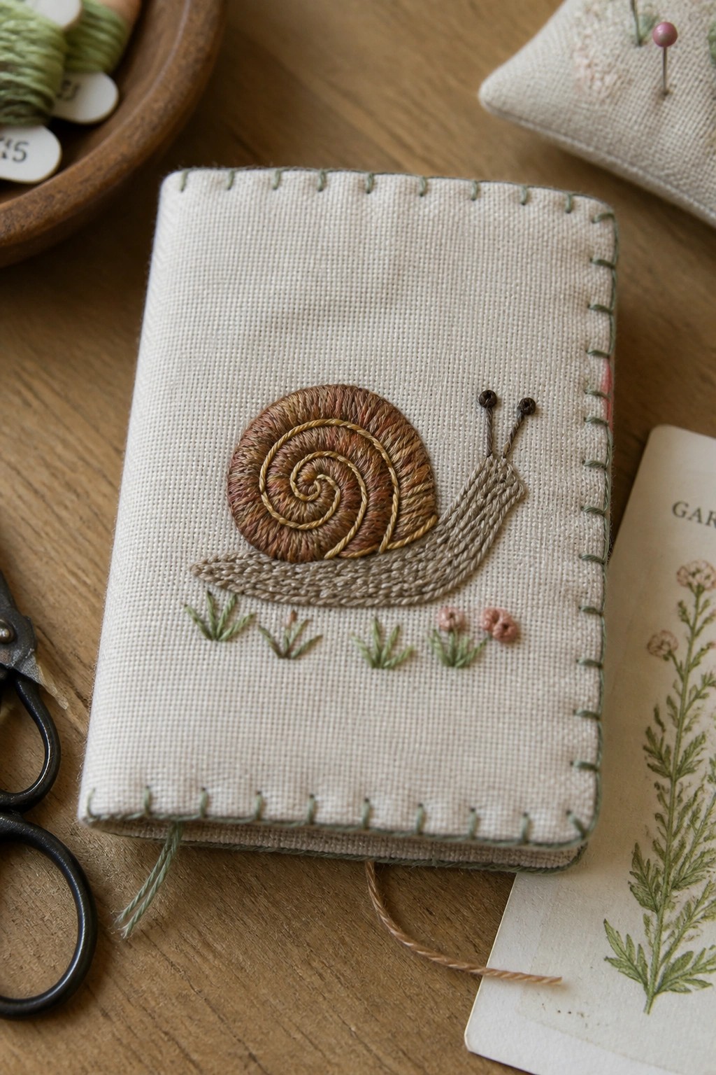 A cream fabric notebook cover shows an embroidered snail with a brown spiral shell, beige body, and small green grass details.