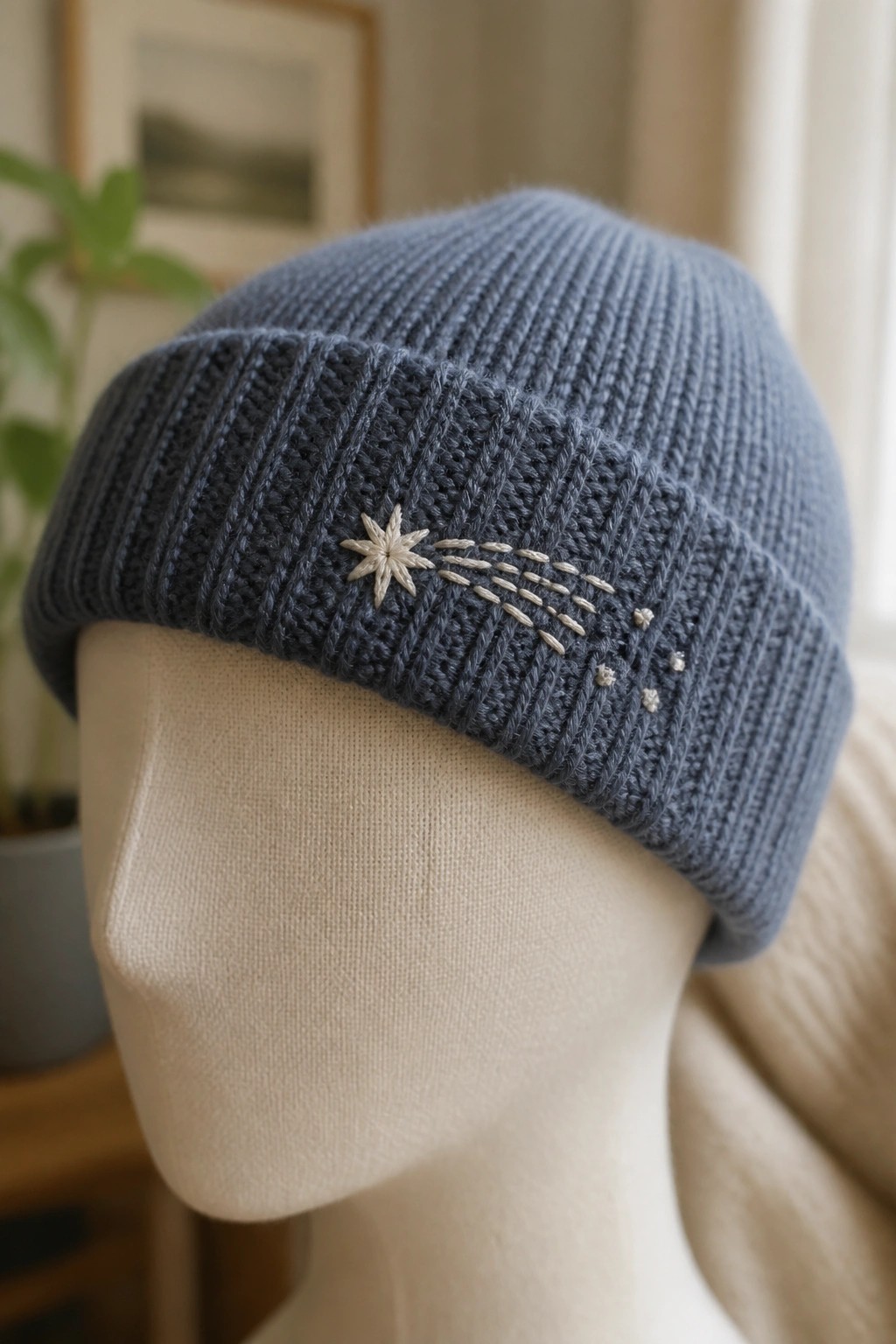 Blue ribbed knit beanie with embroidered shooting star on mannequin head.
