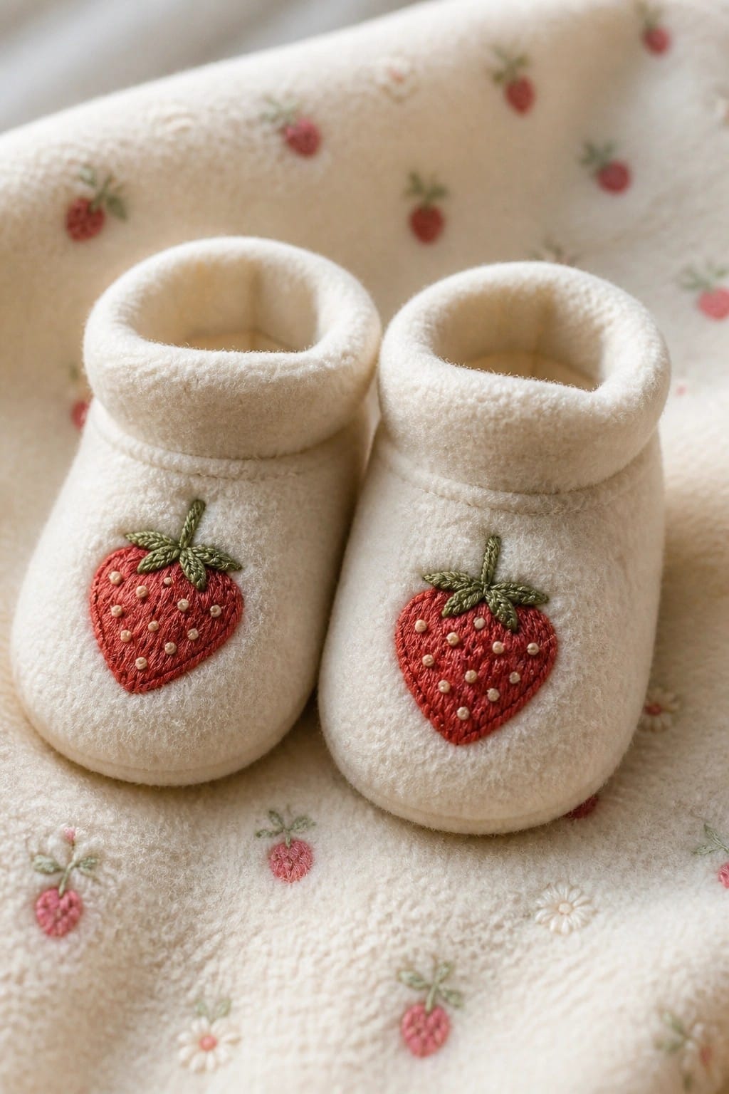 Pair of white baby booties with red strawberry embroidery on patterned fabric