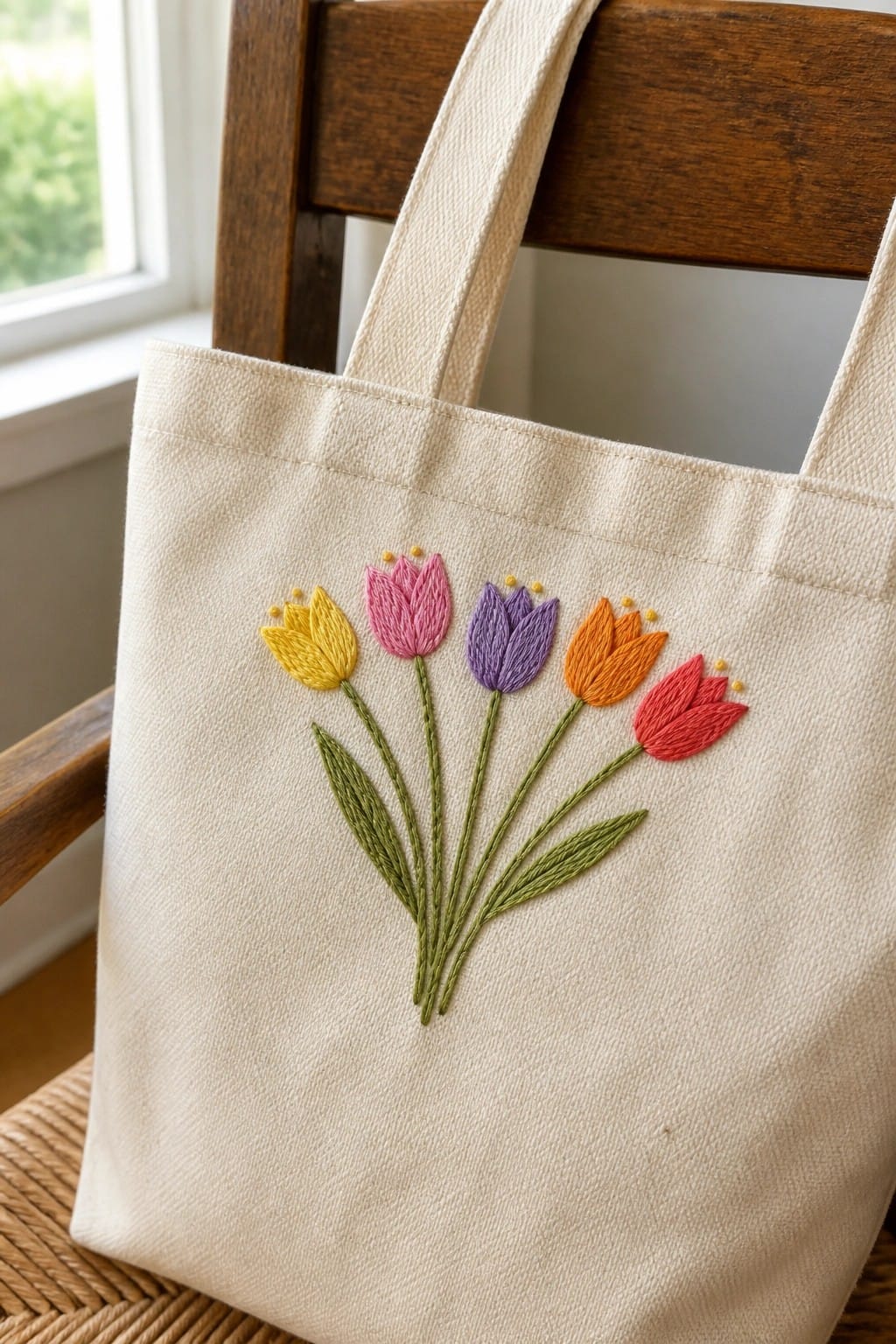 Cream tote bag with colorful embroidered tulips on wooden chair