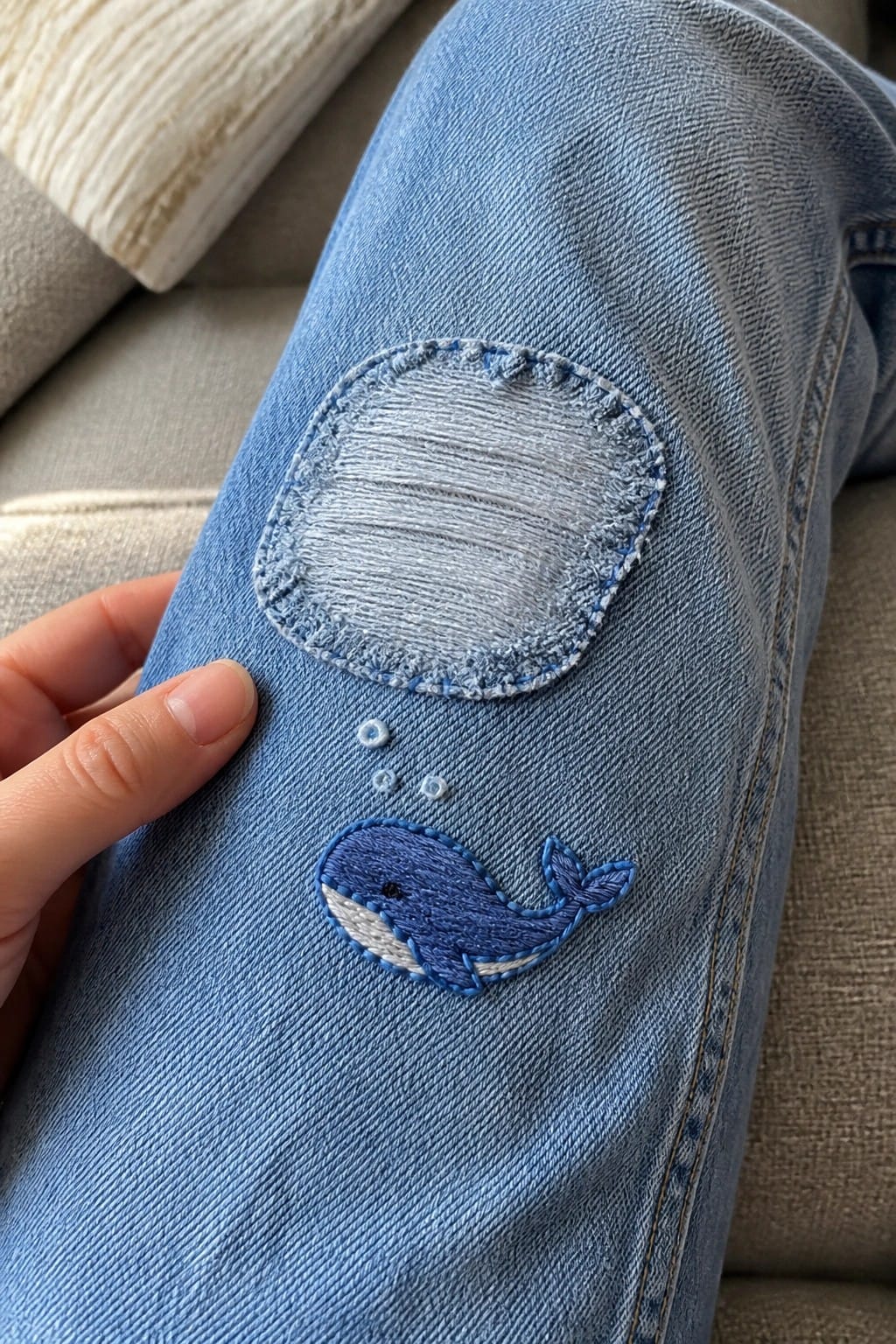 Blue denim jeans with J.Crew button and embroidered anchor heart detail.
