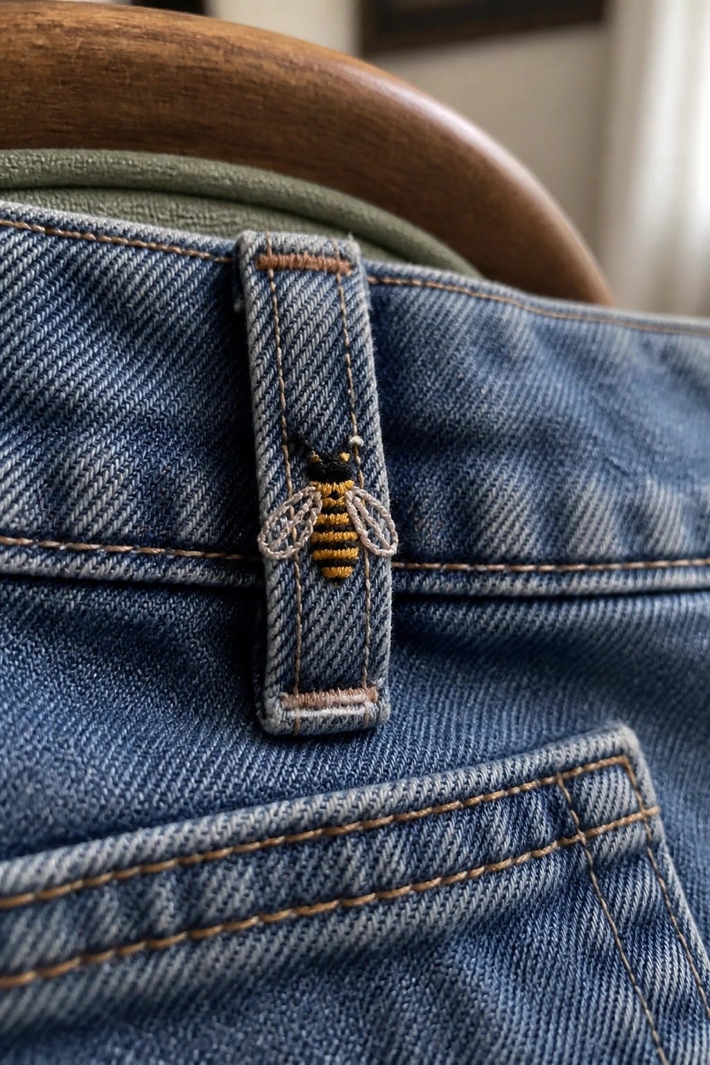 Three small embroidered bees on the collar of a blue denim jacket.