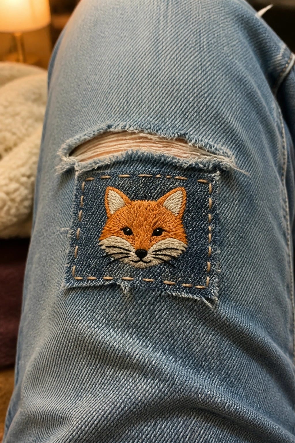 A small embroidered smiling cloud with three blue raindrops on dark blue denim jeans fabric.