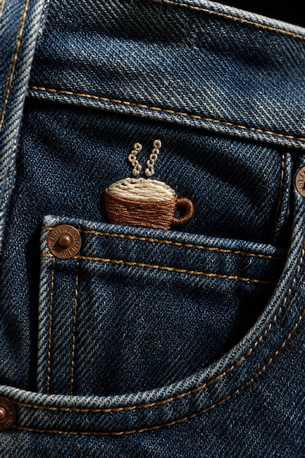A brown embroidered coffee cup with white steam sits on the edge of a blue denim jeans pocket.