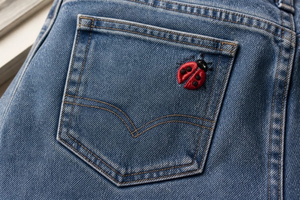 20 Smart Cute Embroidery Ideas for Jeans Using Small Motifs and Subtle Details Blue denim jeans pocket embroidered with red ladybug and black spots