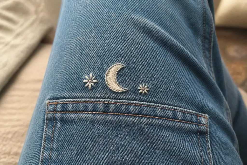 A close-up of a small red and black ladybug embroidered on the back pocket of blue denim jeans.