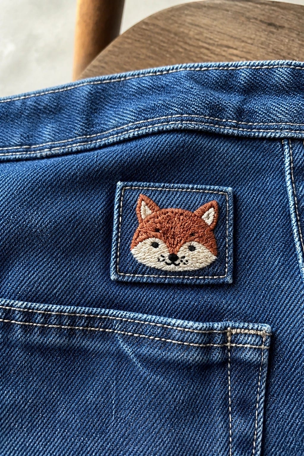 Close-up of blue denim with a small rectangular embroidered fox face patch above the back pocket.