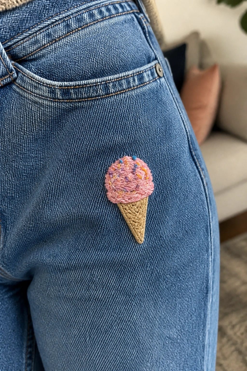 Blue denim jeans with brown embroidered fox patch near copper button