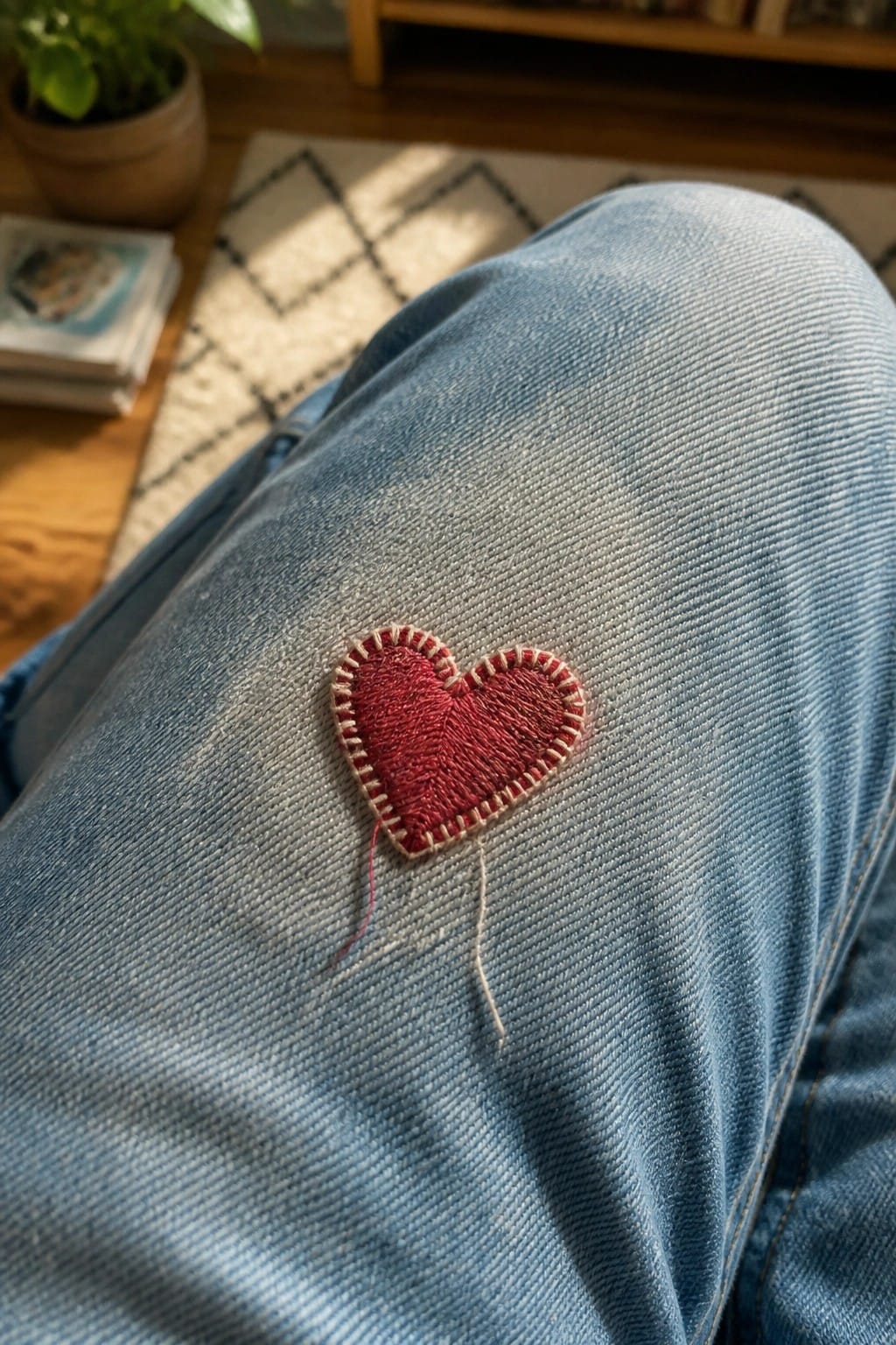 Rolled blue denim jeans cuff with red embroidered heart and yellow stitching on wood