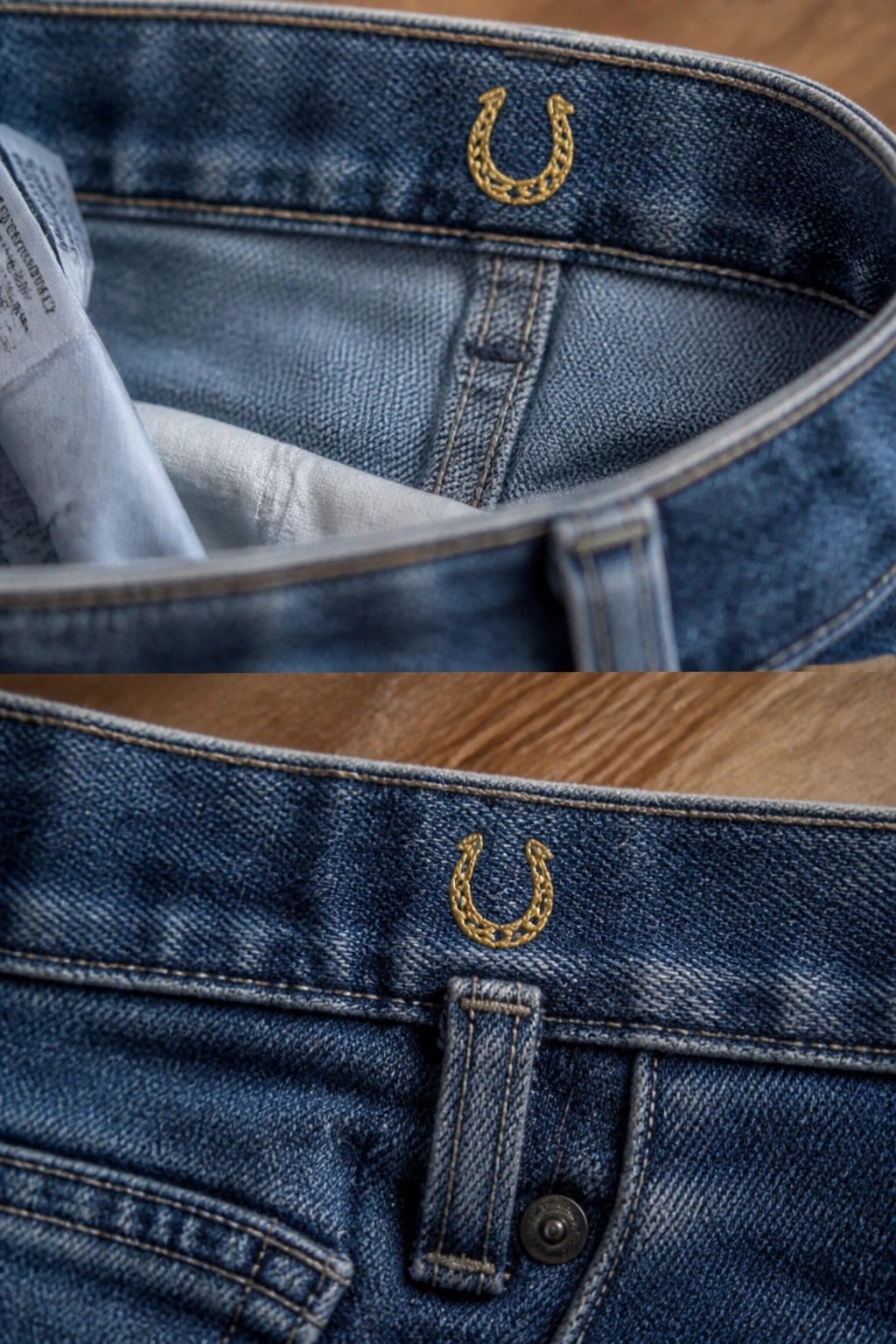 Blue denim jeans waistband with gold embroidered horseshoe logo, inside and outside views.