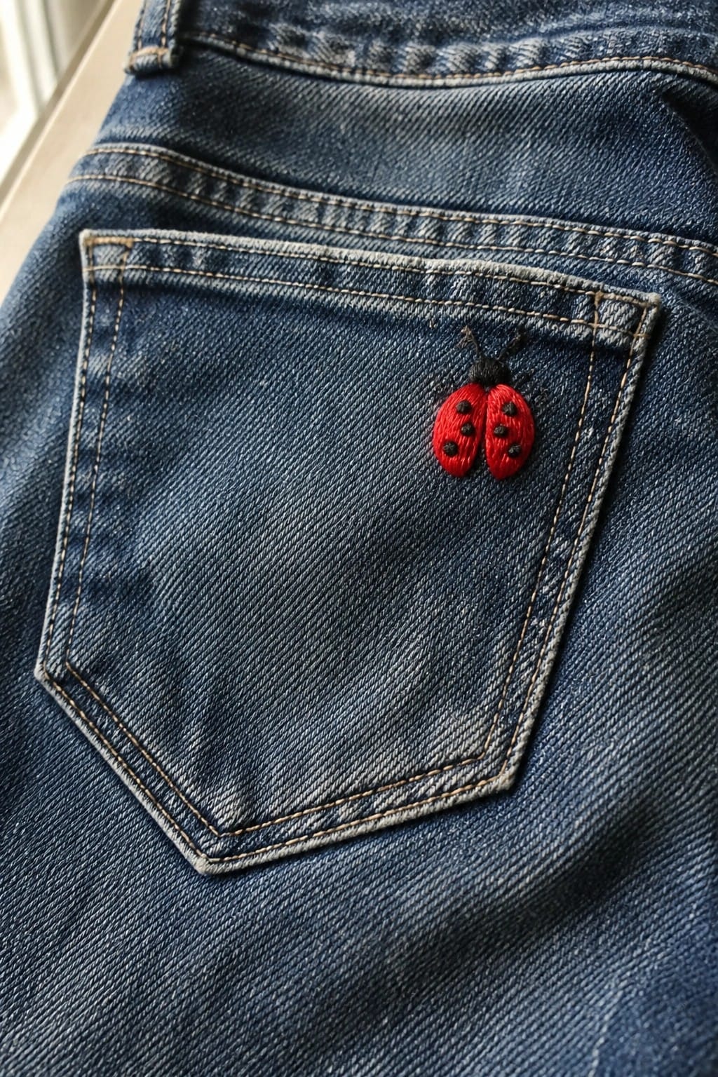 Blue denim jeans pocket embroidered with red ladybug and black spots