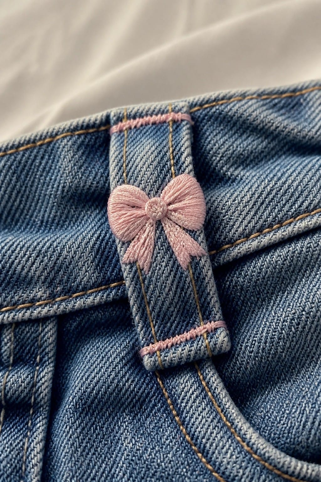 Close-up of a pink embroidered bow centered on a blue denim jean belt loop with pink stitches along the top and bottom edges.
