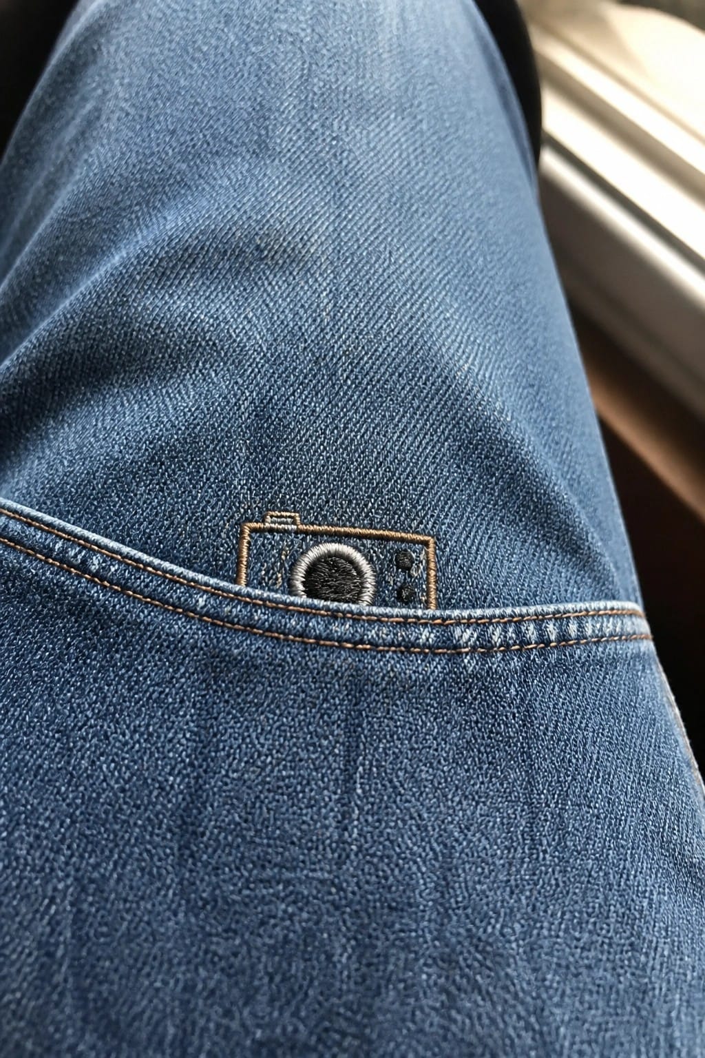 A small embroidered camera on the back pocket of light blue jeans.