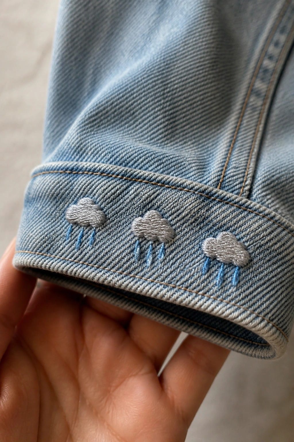 Close-up of light blue denim cuff with three small gray embroidered clouds and blue rain lines.