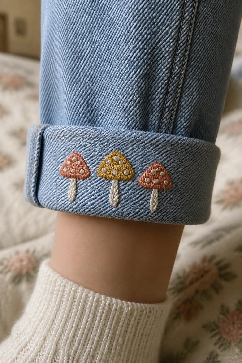 Blue denim jeans cuffed with embroidered crescent moon and gold stars.