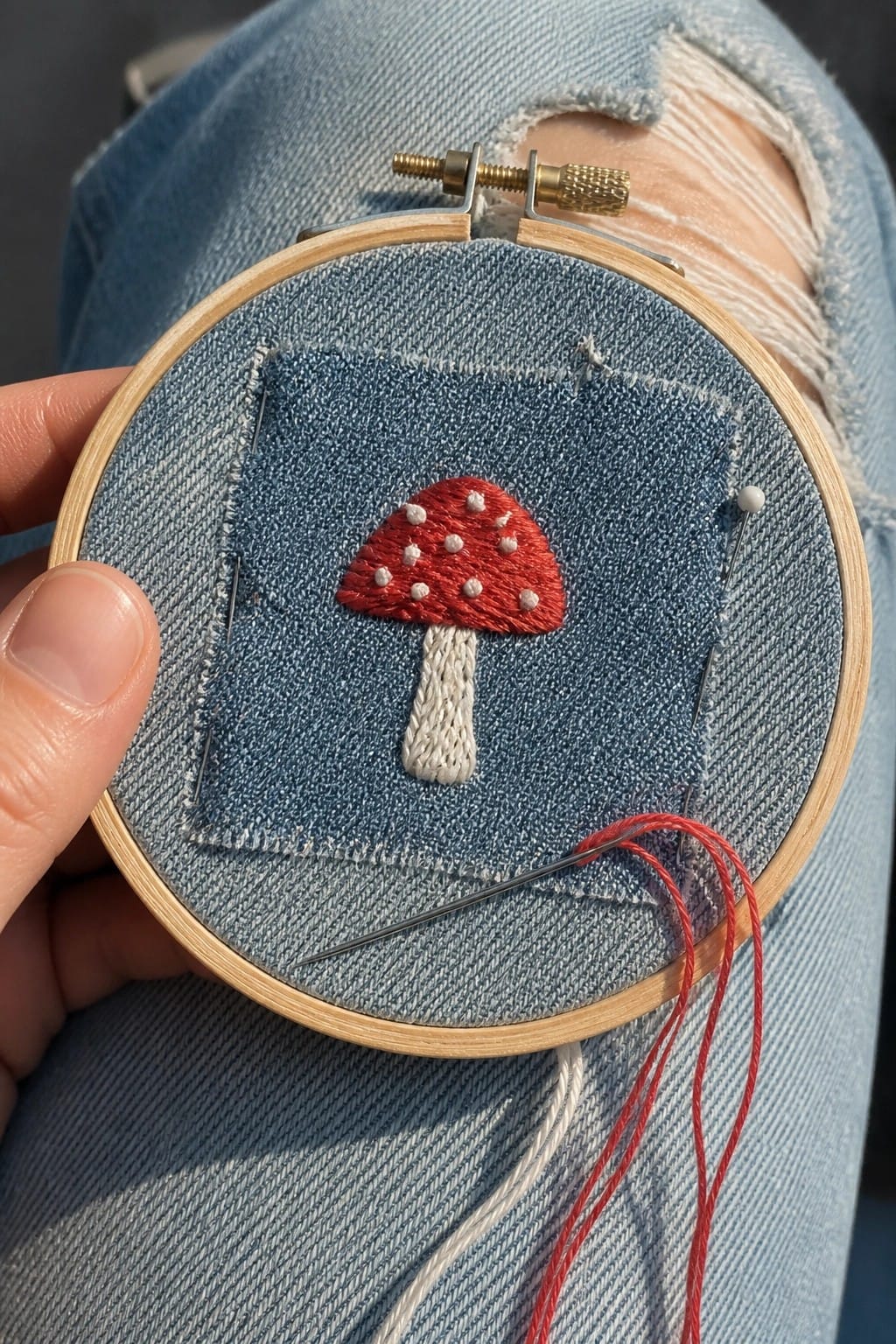 Hand holding embroidery hoop with red mushroom stitched on blue denim jeans