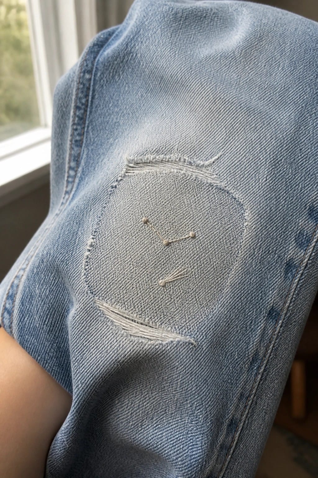 A small embroidered pear with yellow body, brown stem, and green leaf sits on blue denim next to a seam.