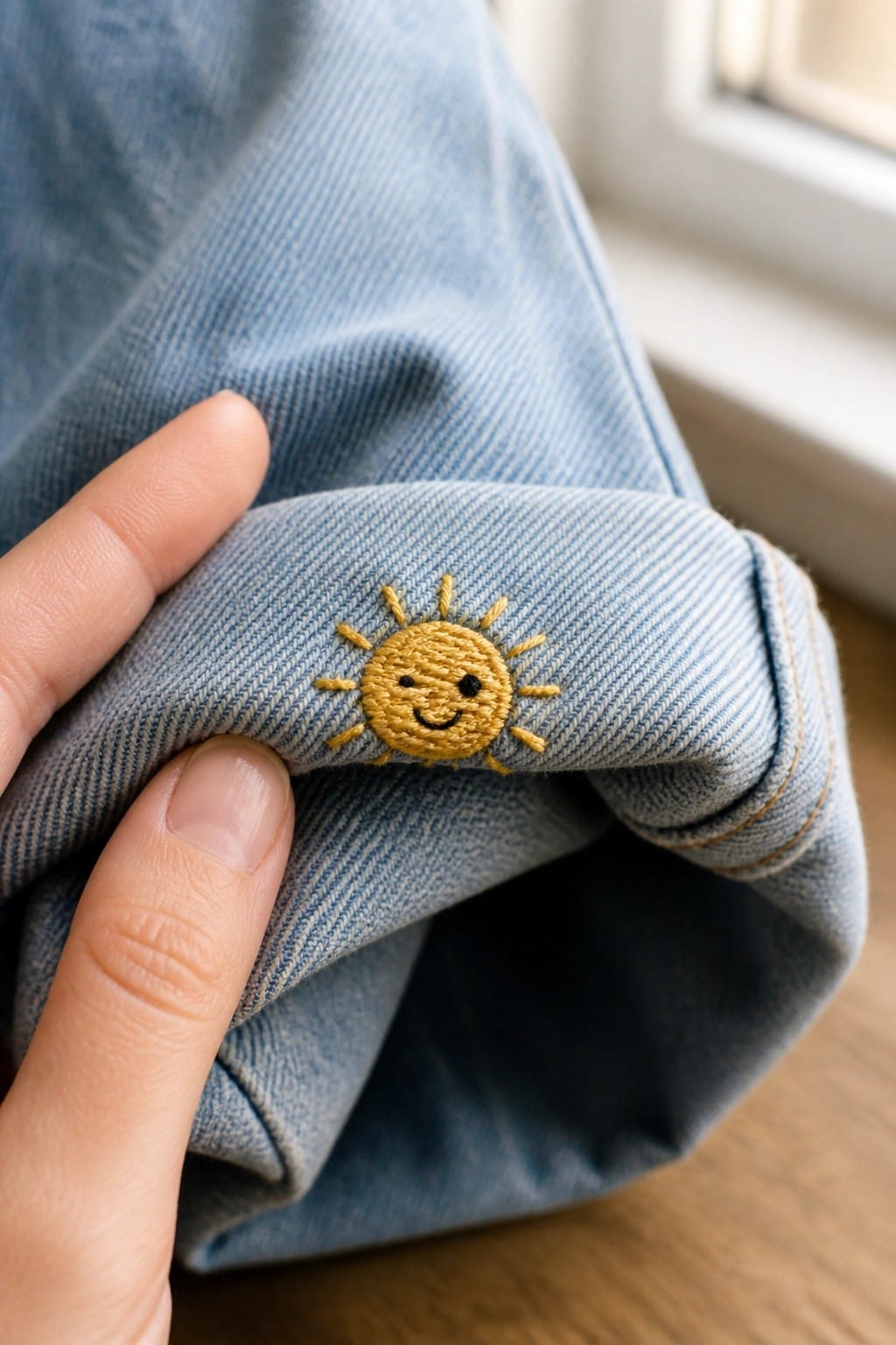 Small embroidered sailboat with white sails, brown mast, red flag, and blue hull on blue denim near a pocket edge.