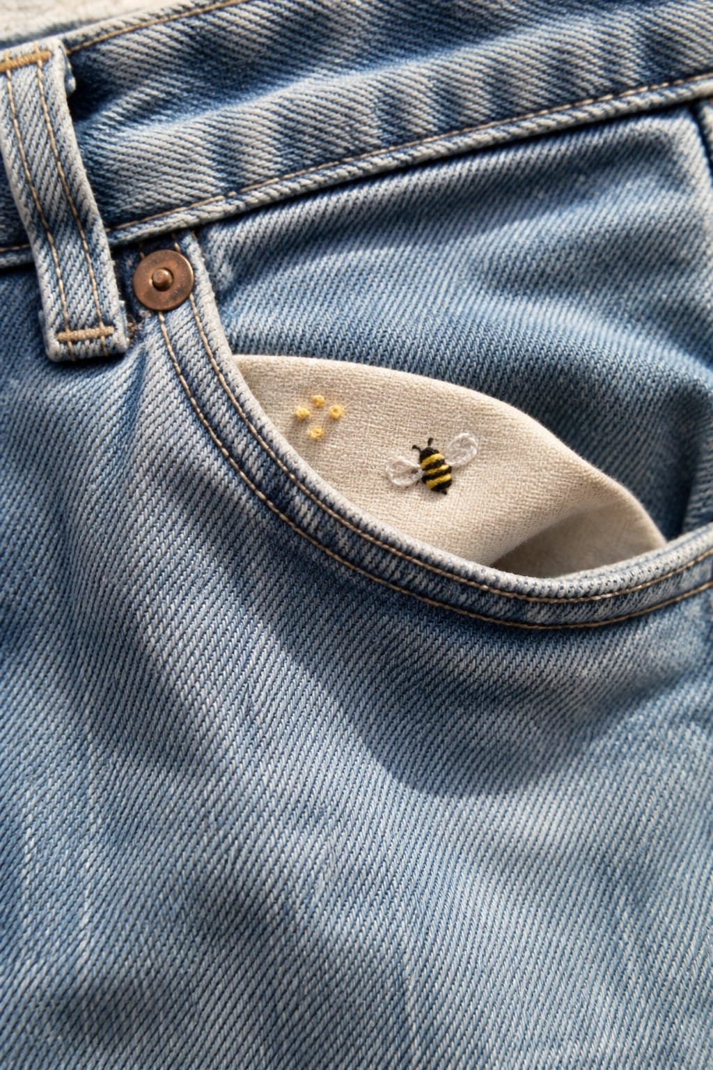 Small embroidered bee with yellow dots on the white lining of a blue denim jeans pocket.