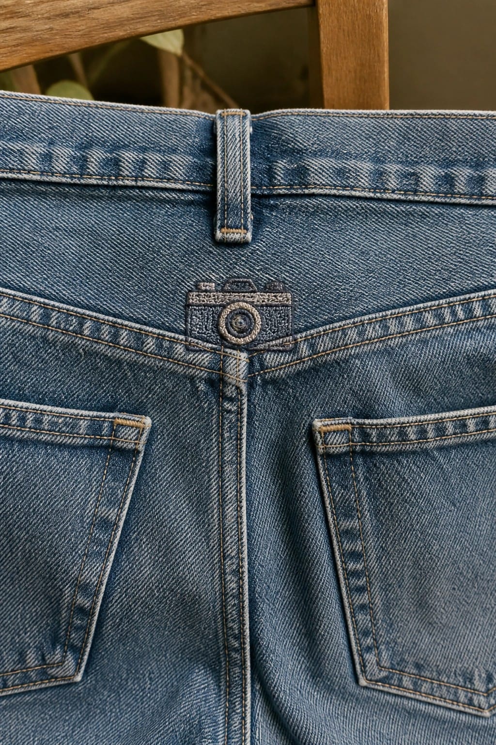 Blue denim jeans with camera embroidery on button and front pockets.