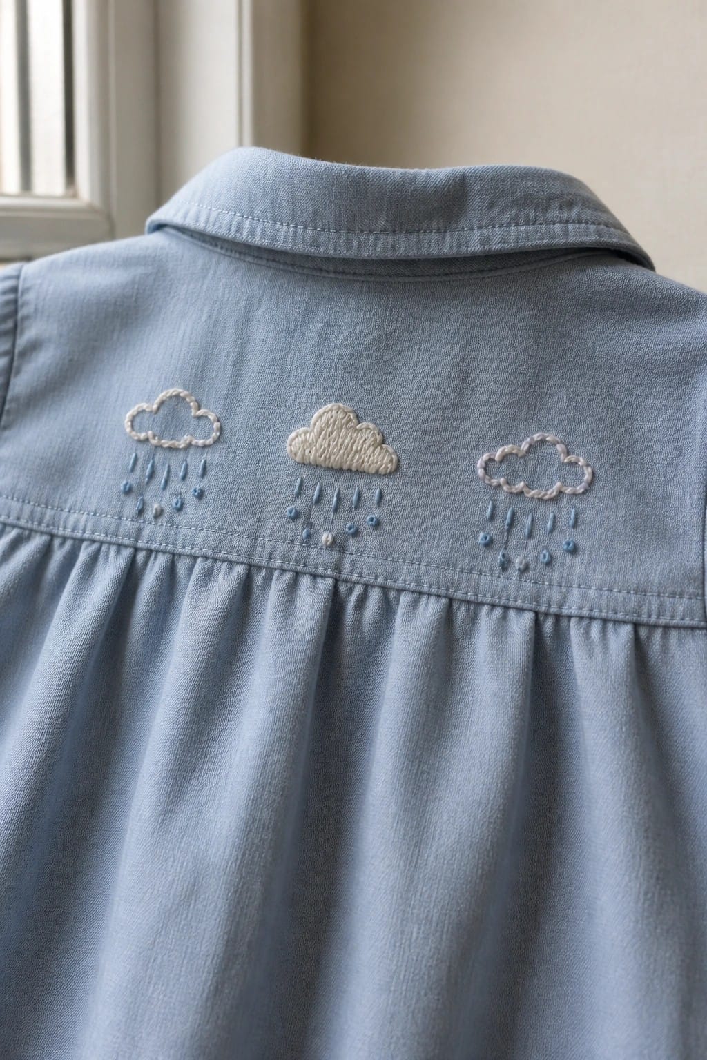 Pastel rainbow embroidery in hoop on blue denim over lap with needle