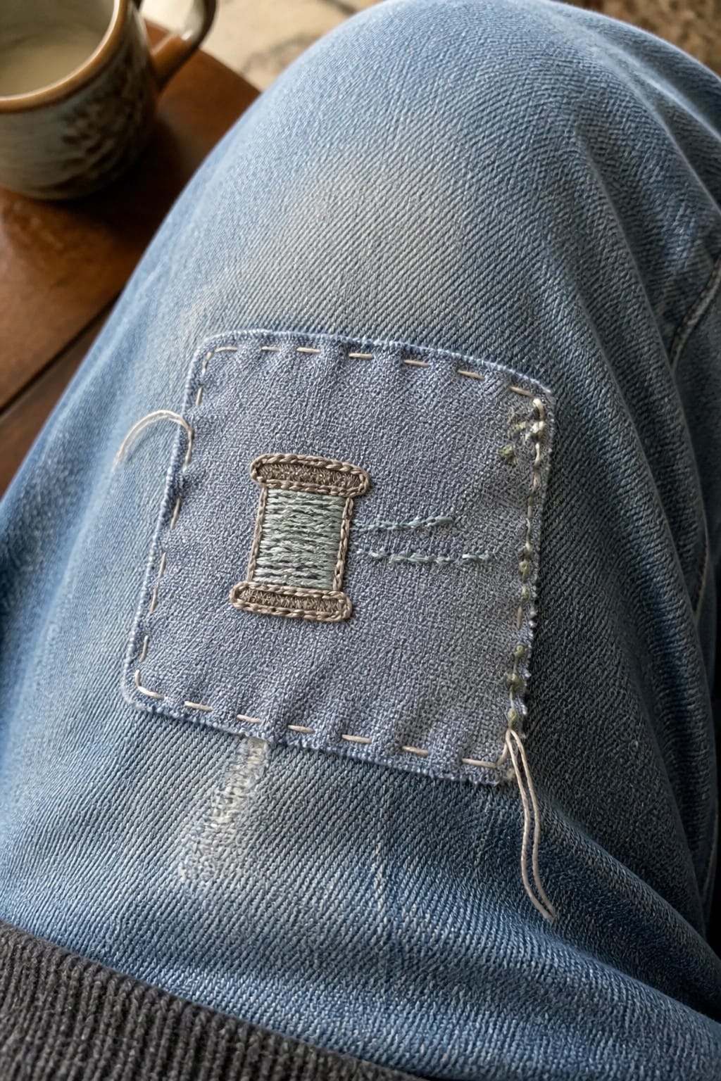 A light blue denim jeans pocket with a small embroidered spool of thread in beige and green.