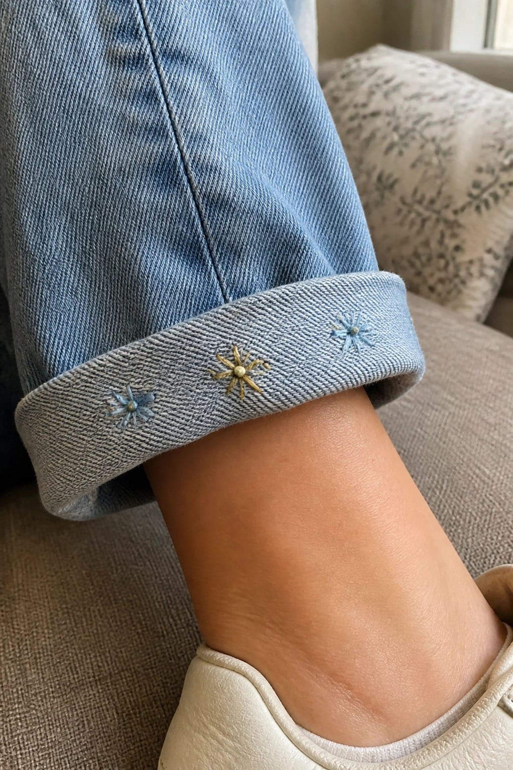 Small embroidered daisy motifs in blue and yellow thread on the rolled cuff of light blue jeans.