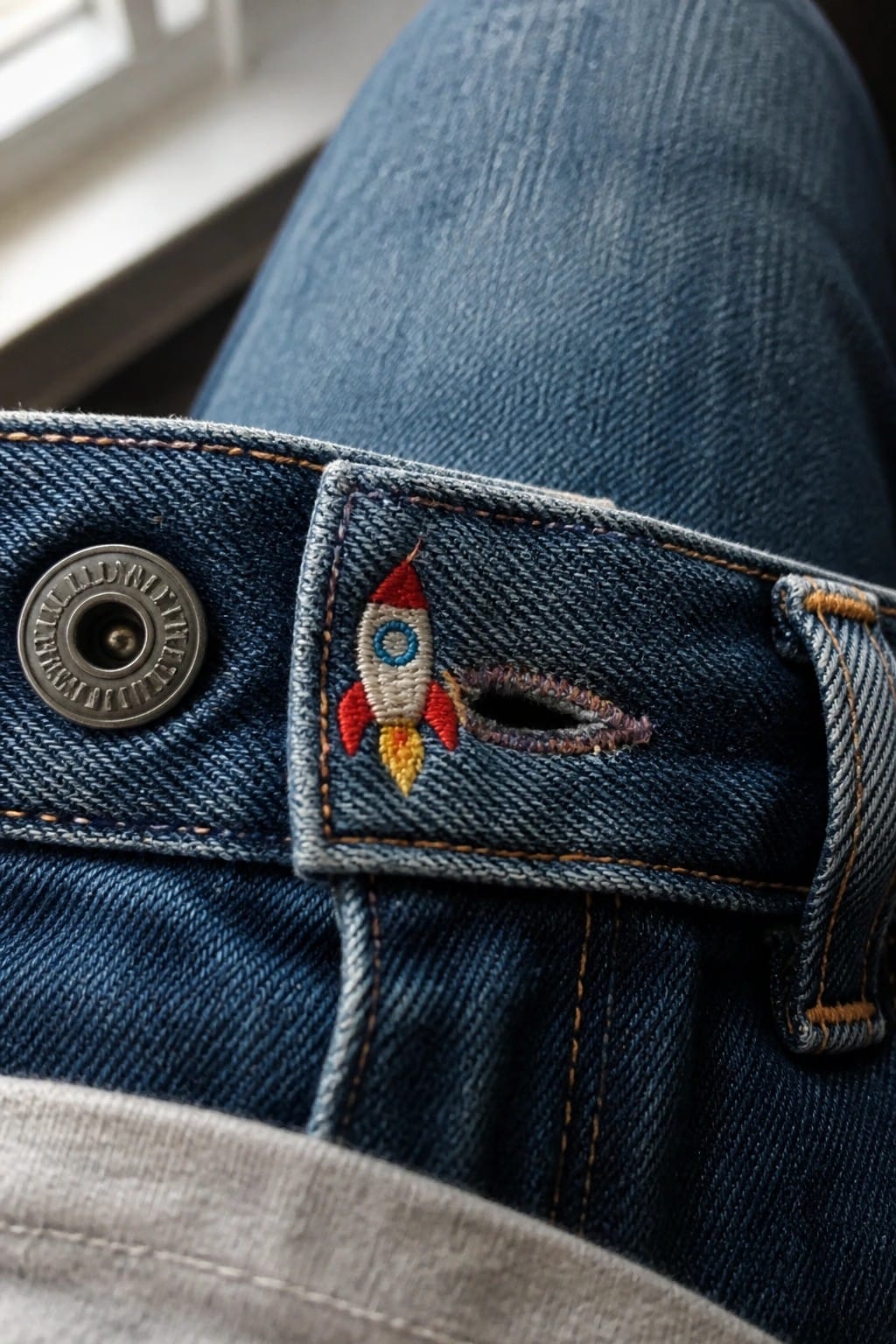 Blue denim jeans with embroidered rocket patch, metal button, and small tear.