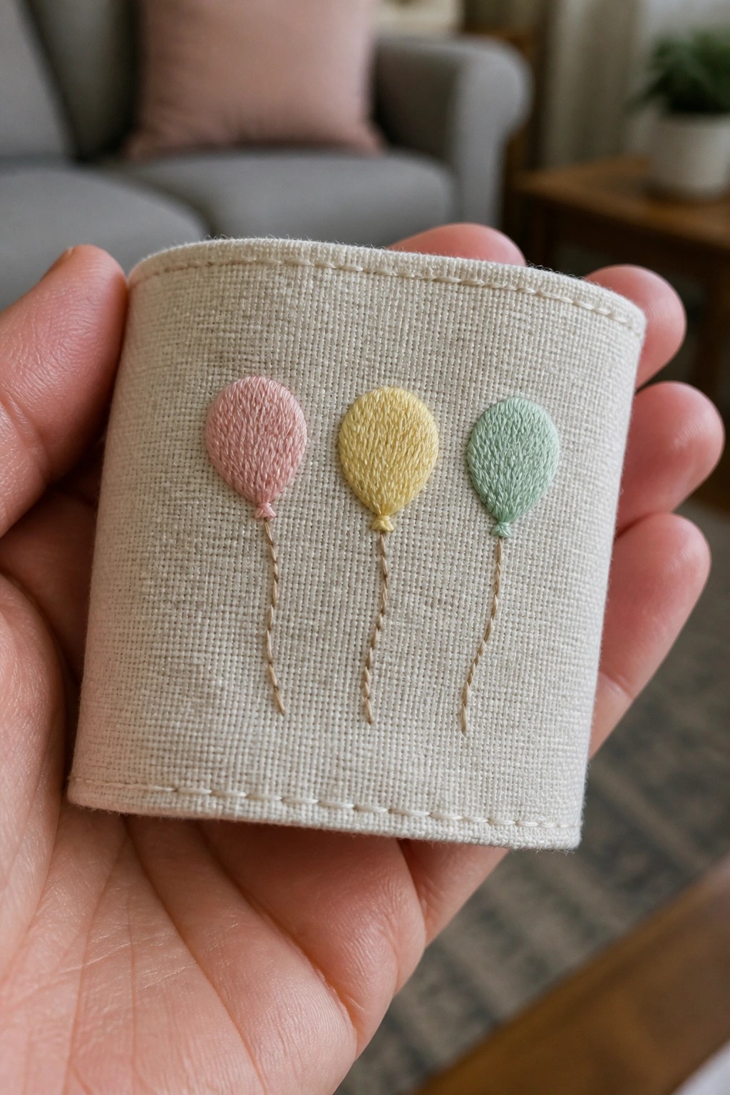 Hand holding beige fabric cuff embroidered with pink, yellow, and green balloons