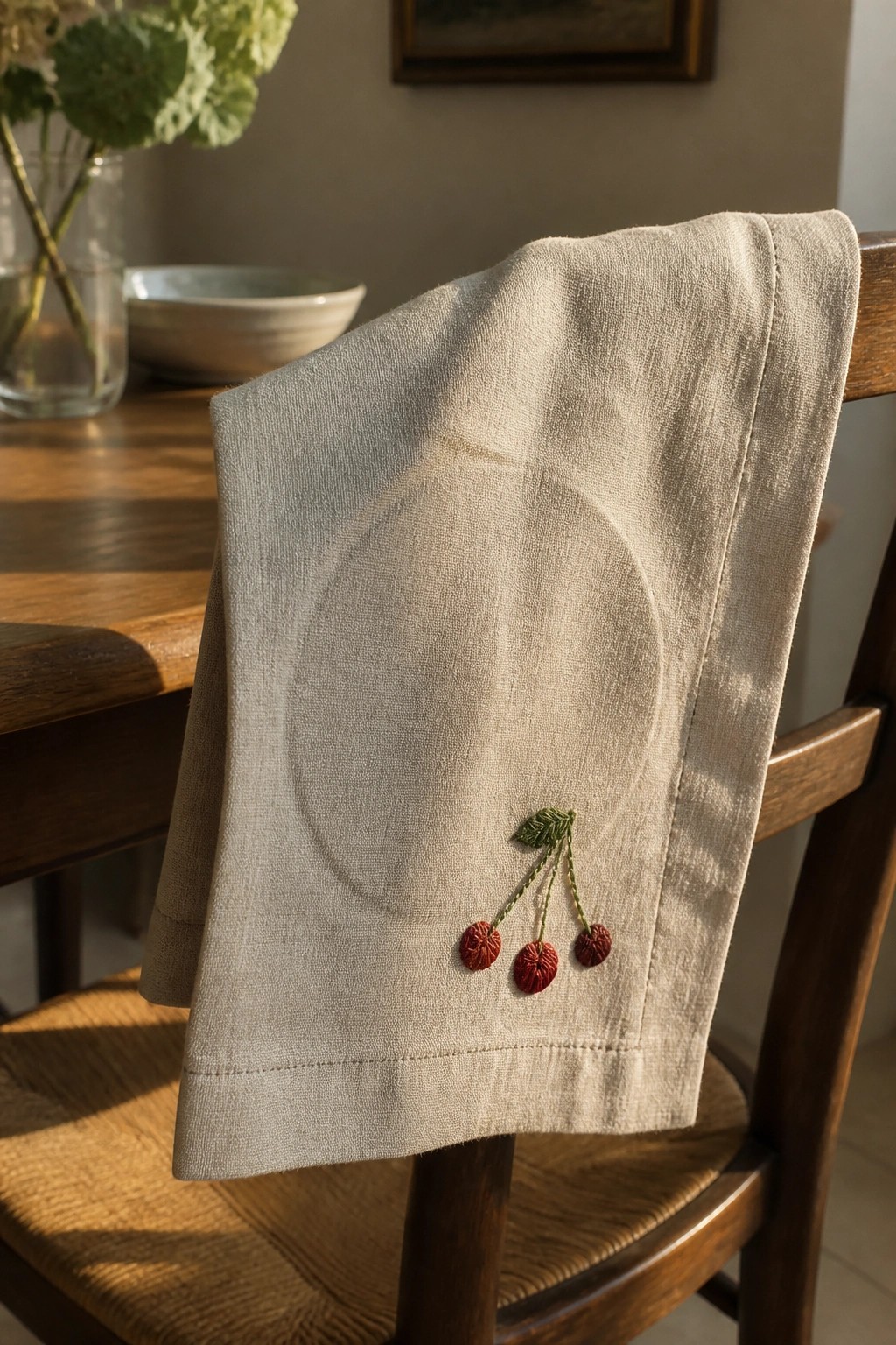 A beige linen napkin embroidered with three red cherries and green stems draped over a wooden chair back.