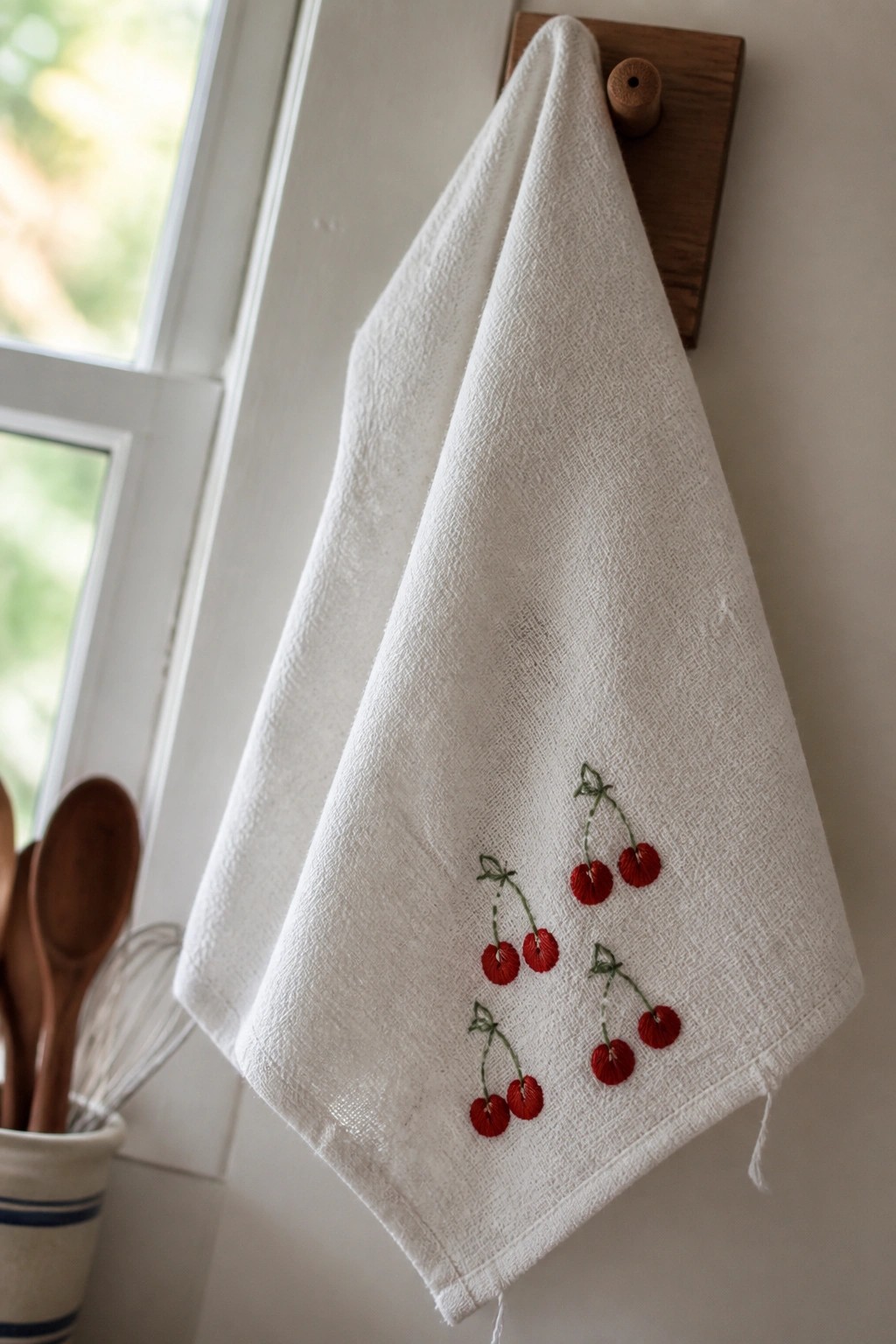 White towel with red cherry embroidery hanging from wooden peg on wall